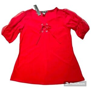 Adele & May red tunic top puff sleeves lace-up a-line New w/tags Women’s S | e4